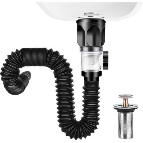 Ensemble de bouchons d'évier , siphon rétractable de 300 à 1 000 mm , bonde d'évier avec bonde flexible et crépine escamotable , pour salle de bain et cuisine (noir) (1/4)