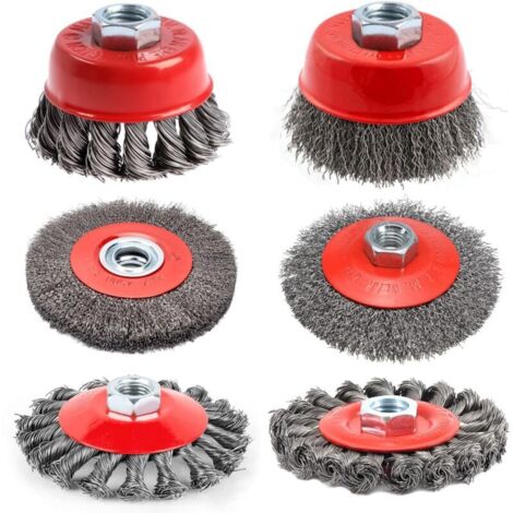 6 pièces Brosse Métallique pour Meuleuse D'angle, Jeu de Brosses Métalliques pour Perceuse Metal, Brosse Métallique Perceuse de 75 mm et 100 mm de Diamètre en Acier avec Filetage M14 (6) (1/4)