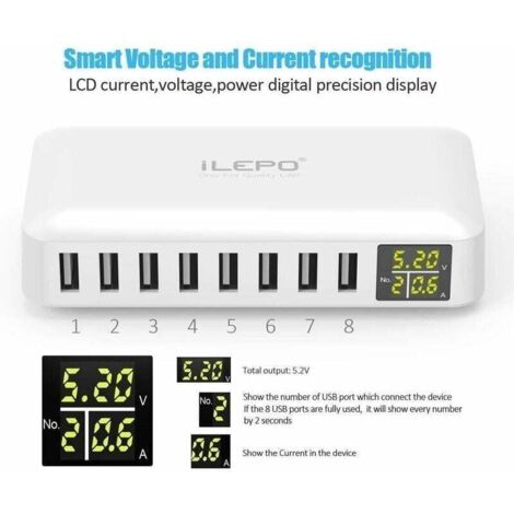 Chargeur USB 5V8A 8 Ports avec Affichage à LCD, Station de Recharge Intelligente Prise Multiple USB Compatible avec iPhone XS XR SE, iPad, Samsung Galaxy, Redmi, Téléphones Android etc. (1/4)