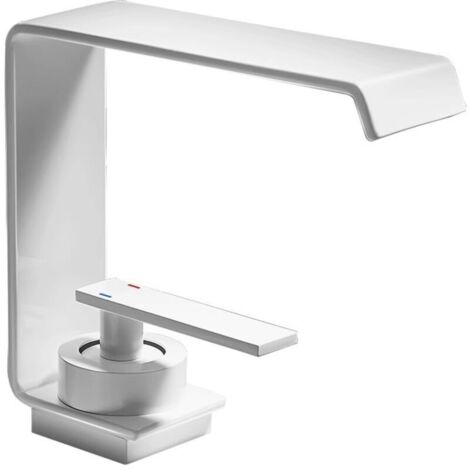 Robinet mitigeur moderne et élégant à trou unique , eau chaude et eau froide , adapté au lavabo de la salle de bain , blanc (1/4)