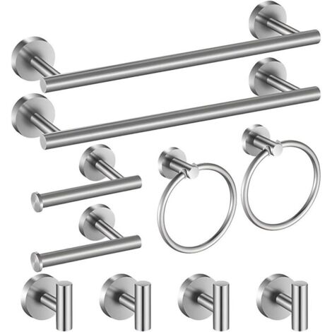 Ensemble d'accessoires de salle de bain 10 pièces , 2 barres porte-serviettes , 2 porte-papier toilette , 2 anneaux porte-serviettes , 4 crochets pour peignoir , acier inoxydable , fixation à vis (fin (1/4)