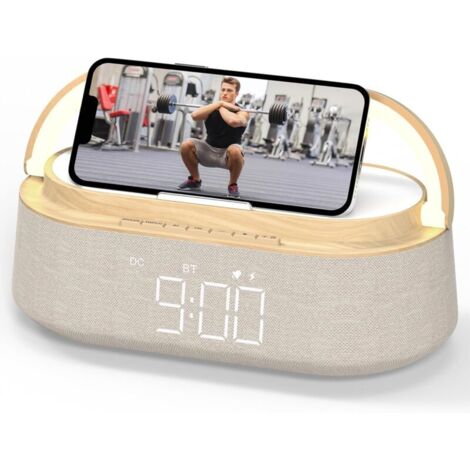 Enceinte Bluetooth avec chargement sans fil, radio FM et veilleuse LED, idéale pour la maison, la chambre, le bureau ou comme cadeau.