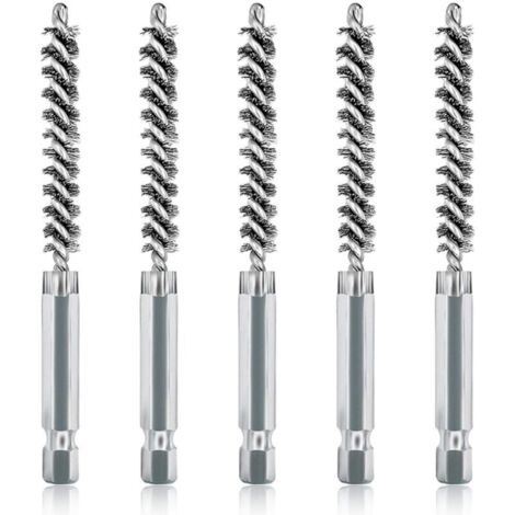 Lot de 5 brosses de nettoyage en acier inoxydable de 8mm avec poils en acier inoxydable pour perceuse électrique, brosse métallique abrasive avec tige hexagonale de 6,35 mm