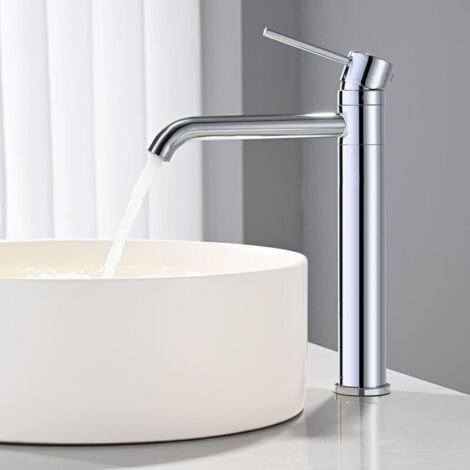 Mitigeur de Lavabo Haut Pivotant à 360°, Robinet pour Vasque à Poser, Robinet de Lavabo Salle de Bains, Chaud et Froid, Hauteur de Bec 204mm, Aérateur Amovible, Acier Inoxydable Chromé (1/4)