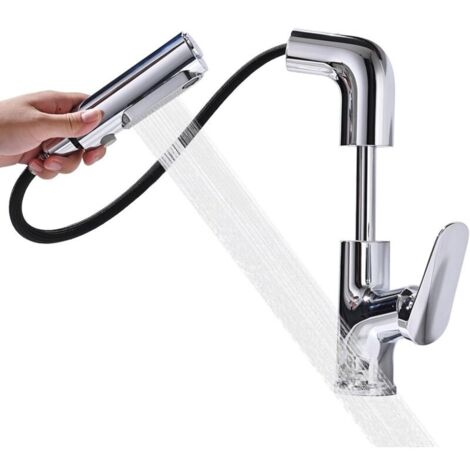 Mitigeur de Lavabo avec Douchette Extractible, Robinet Lavabo Réglable en Hauteur, Mitigeur Salle de Bain Pivotant à 360° avec 3 Jets, Robinetterie en Acier Inoxydable Chromé Brillant (1/4)