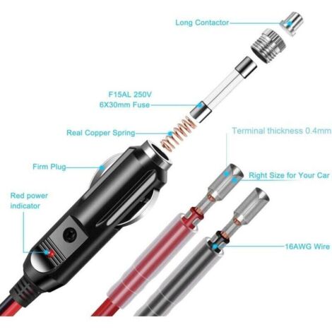 2 Pcs Adaptateur Mâle pour Allume-Cigare avec Câble d'alimentation 16 AWG 12V/24V Universel, pour onduleur de Voiture, Pompe à air, Tasse électrique (1/4)