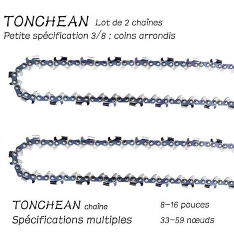 Guide et chaîne pour tronçonneuse,Lot de 2 chaînes de tronçonneuse Faible Rebond 3/8"LP 56 maillons pour tronçonneuse (15pouces)Lame à 28 sections——Coins arrondis (1/4)