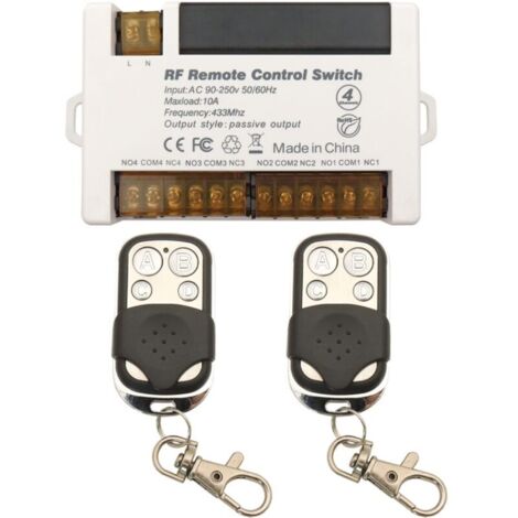Commutateur à distance de Relais sans Fil à 4 Canaux 433MHz Télécommande RF AC 230 220V 10A Récepteur de Relais avec porte-clés à 2 Émetteurs, Grand Terminal Câblage Facile