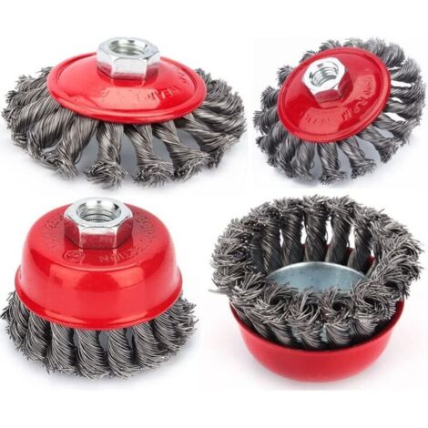 Brosse de nettoyage métallique, 4pcs brosse à treillis métallique M14 torsadé 75 mm pour meuleuse d'angle brosse coupe, dérouillage corrosion détournant la peinture (1/4)