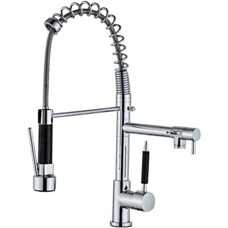 Robinet d'évier de cuisine avec douchette extractible , mitigeur , robinet de vanité , robinet d'évier de cuisine en laiton à double poignée monté sur comptoir , finition chromée (1/4)