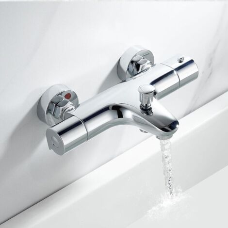 Mitigeur Baignoire Thermostatique, Mitigeur Douche Thermostatique en Laiton, Robinet de Baignoire avec Arrêt de Sécurité à 38°C, Mural Robinet de Douche avec 2 Sorties, Entraxe 150mm, Chromé (1/4)