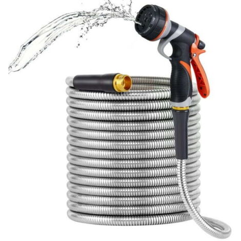 50FT Tuyau d'arrosage en acier inoxydable avec construction durable, buse réglable, résistance aux plis et sangle de rangement pratique (1/4)