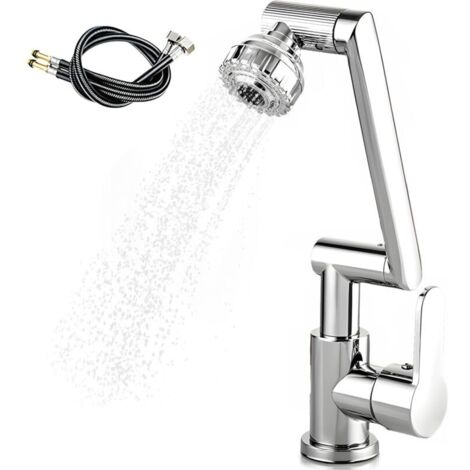 Robinet de cuisine extractible, mitigeur avec régulateur de débit à 1080°, 2 modes de jet, flexible de raccordement eau chaude et froide de 60 cm - Argent (1/4)