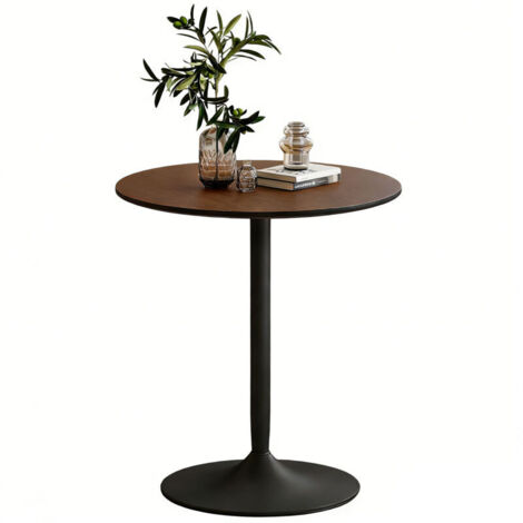 Table à manger ronde 70 cm pour 2 personnes avec plateau en placage de bois massif et piétement en acier marron (1/4)