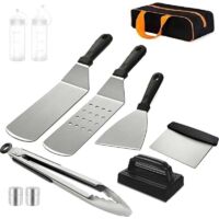 Ustensiles pour Plancha 10 Pièces Spatule pour Barbecue Acier Inoxydable Accessoire Plancha Kit Plancha pour Teppanyaki,