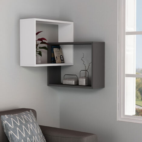 Decortie Bibliothèque d'angle murale moderne avec anneau Blanc Anthracite Gris 60cm