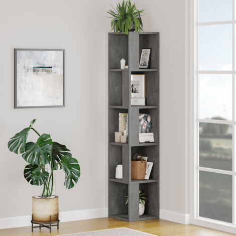 Bibliothèque d'angle moderne Piano – Étagère haute 158,9 cm – 5 niveaux ouverts – Bois d'ingénierie mélaminé – Effet marbre gris – Decortie