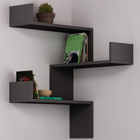 Etagère murale d'angle 3 étagères gain de place Anthracite 60x22x90H cm