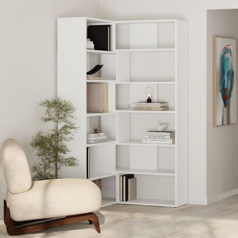 Bibliothèque d'angle murale 5 niveaux blanche – Dimensions 178.6x93.6x29.6cm – Design moderne pour espaces optimisés – Decortie (1/5)