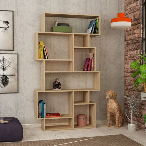 Bibliothèque moderne 10 compartiments – Chêne 168,5 cm – Design asymétrique pour rangement optimal – Panneaux en mélamine résistante – Decortie