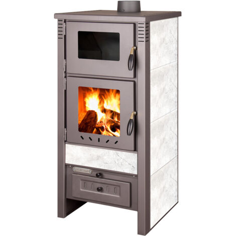 Poêle à bois 12.0 kW avec four – Revêtement métallique gris – Chambre de combustion avec pierres réfractaires – Bac à cendres amovible