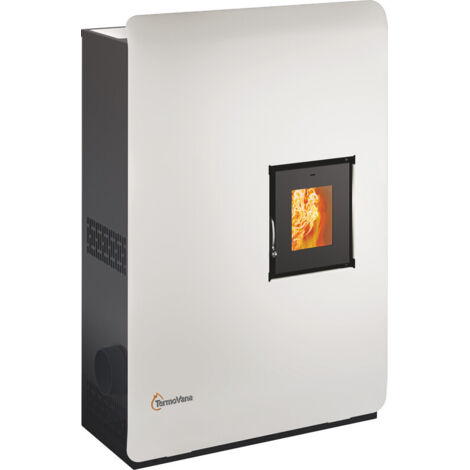 Poêle à granulés hermétique – Modèle BIOOWAWE 8.0 plus – Blanc – Profondeur 26 cm – Brûleur acier inoxydable et fonte – Sortie de fumée supérieure latérale SX