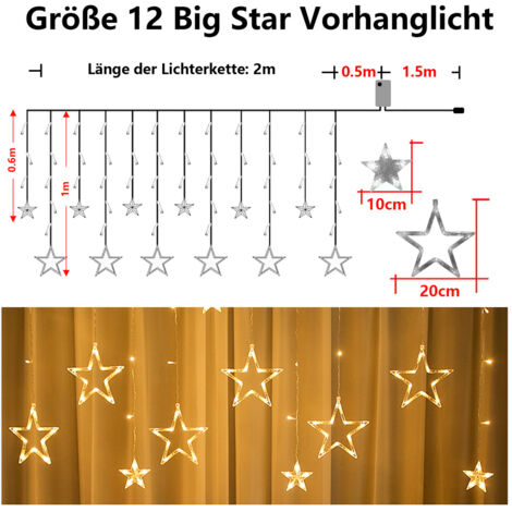 TolleTour LED Lichterkette Sterne Lichtervorhang 12 Sterne Lichterkette 8 Beleuchtungsmodi Innen Party Fenster Garten Hochzeit Weihnachten Deko, Warmweiß (1/3)