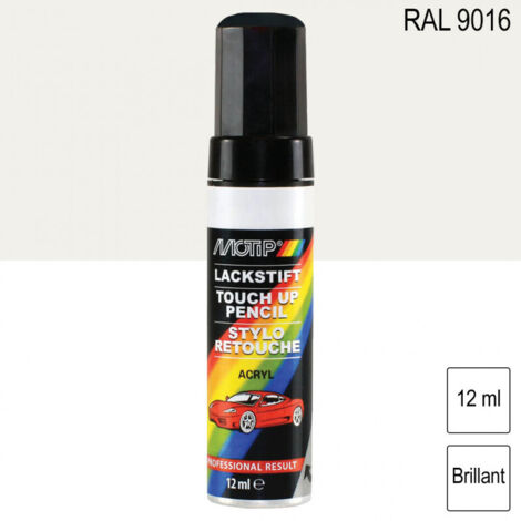 Pinceau de retouche vernis acrylique brillant 12ml – RAL 9016 blanc signalisation – Pour surfaces lisses et petites retouches – Motip
