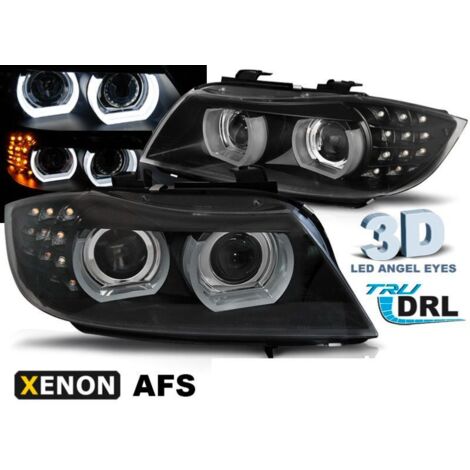 Paire feux phares BMW E90/E91 09-11 Xenon Angel Eyes Led DRL Noir-33681381 (1/4)
