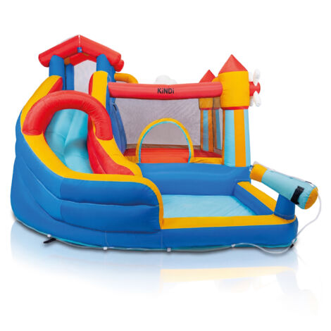 KiNDi DPZ003 Terrain de jeu gonflable avec toboggan aquatique et pataugeoire 350x300x235 cm PVC, ventilateur 450W, pour 3 enfants, multicolore (1/5)