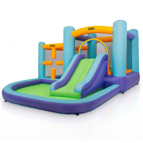 KiNDi DPZ001 Terrain de jeu gonflable avec toboggan et pataugeoire 390x305x190 cm PVC, ventilateur 350W, pour 3 enfants, multicolore