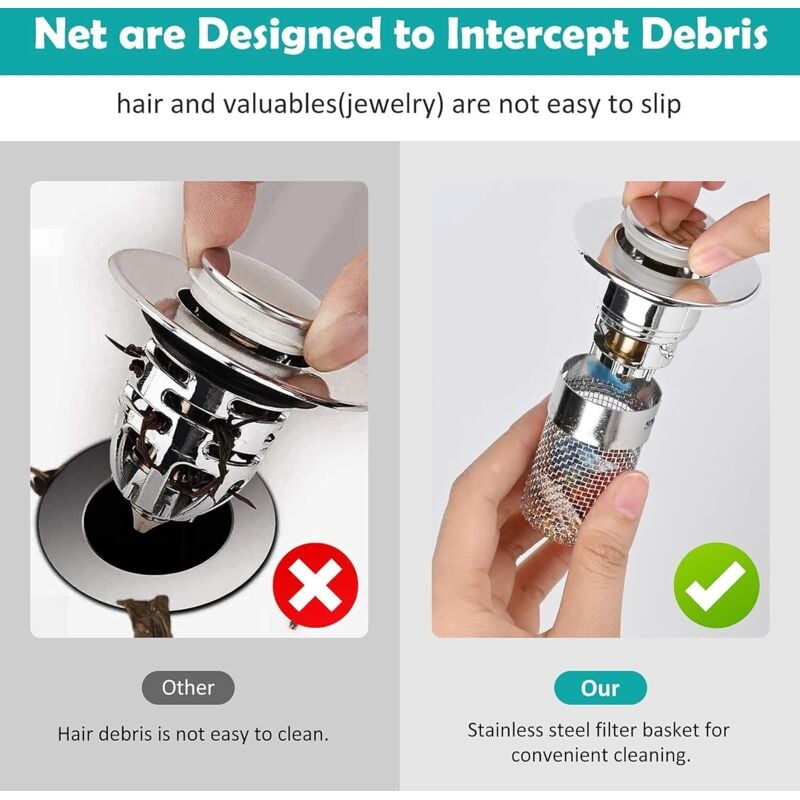 2PCS Auralum Max Bonde Lavabo Pop Up Avec Trop Plein,Bouchon Vidange Avec Panier Crépine,Bonde