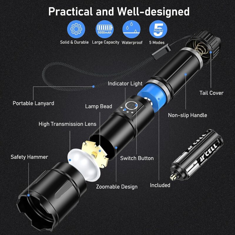 Blukar Lampe Torche LED Ultra Puissante Rechargeable - Modèle 212421, Neuf