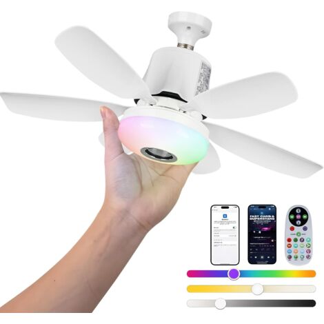 Roadtime 47cm RGB Ventilateur de plafond avec lumière, 32W E27 socle Ventilateur de plafond à lumière variable avec 3 vitesses, 6 pales et télécommande, Supporte couleurs RGB, lecteur musique (Blanc)