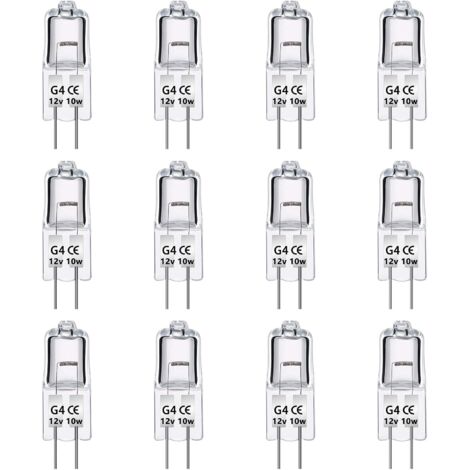 Paquet de 12 Ampoules Halognes G4 12V 10W, Intensité Variable, Blanc Chaud 2700K, 140LM, Lampe Halogène Basse Tension G4, Capsule Transparente, Pour Lustre, Placards, Plafonniers