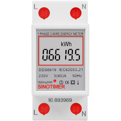 Compteur d'énergie monophasé sur rail DIN 5-80A 220V 50Hz Compteur électronique de kilowattheure avec rétroéclairage LCD affichage numérique DDM15SD, blanc - Blanc (1/4)