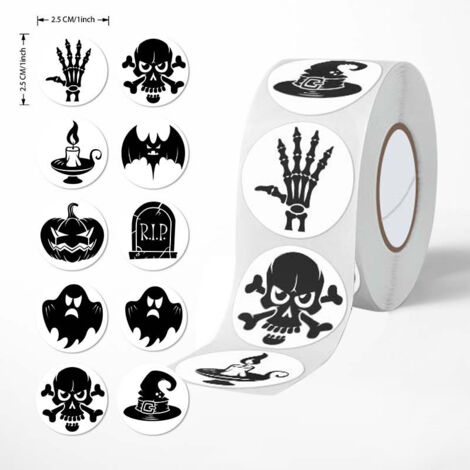 Lot de 2 rouleaux d'autocollants ronds pour Halloween, motif crâne créatif, graffiti, décoration de vacances