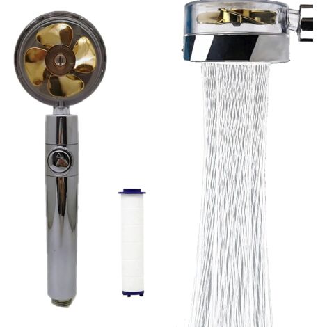 Douche à économie d'eau haute pression, pommeau de douche à main à hélice rotative à 360 degrés avec filtre, pommeau de douche Turbo Spa avec ventilateur et interrupteur (or)