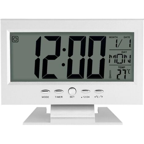 Horloge Numérique Calendrier Multifonction Réveil Bureau Digital LCD avec Veilleuse et Heure de Snooze/Date/Température(argenté)
