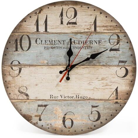 Horloge murale ronde en bois vintage silencieuse de 12 pouces chiffres arabes horloge murale ronde en bois de style rustique chic pour décoration d'intérieur (Victor Hugo)