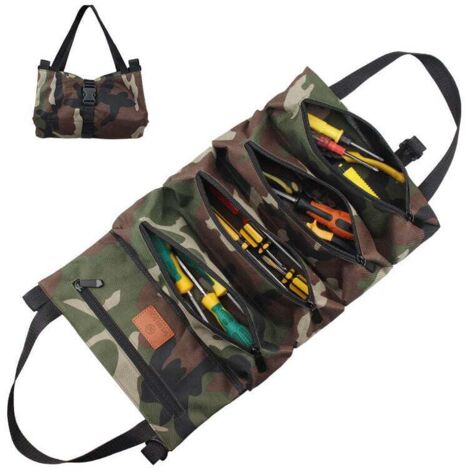 Werkzeugtasche mit 5 Reißverschlusstaschen, Werkzeugrolle fürs Auto, Werkzeugrolle aus Segeltuch, Werkzeugrolle mit Reißverschlusstasche, faltbar, geeignet für Elektriker, Tischler, Klempner, Auto