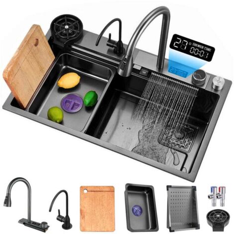 Evier Cuisine Multifonction, Éviers de Cuisine Inox 1 Bac, Evier Multifonction de Lavabo Cuisine avec Extractible Robinetterie en Cascade Rinceuse en Verre (70x45cm)