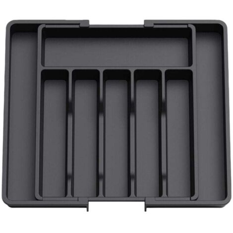 Organisateur de tiroir, plateau extensible pour ustensiles de cuisine, porte-couverts sans BPA, convient aux cuillères, fourchettes et couteaux, grande taille, noir. (1/4)
