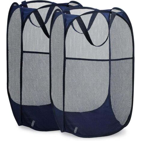 Panier à linge pliable en filet avec large ouverture et poches latérales : respirant, robuste, peu encombrant et pratique pour ranger les vêtements. (Bleu, lot de 2)