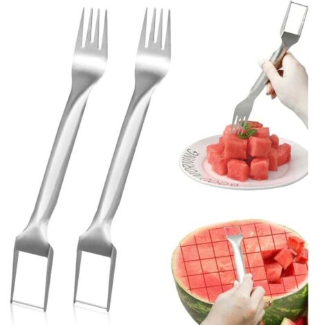Confezione da 2 forchette per anguria in acciaio inossidabile 2 in 1, forchette per anguria portatili per cucina da campeggio in casa (1/4)