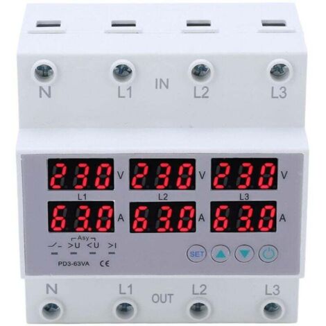 Voltmetro trifase per guida DIN, CA 390-500 V, voltmetro amperometro trifase per guida DIN, protezione automatica da sovratensione e sovracorrente, multitester (63 A)