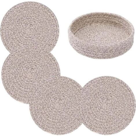 Untersetzer für heiße Gerichte, Untersetzer für heiße Töpfe und Pfannen, 7-Zoll-Topfpads 4 Stück und Aufbewahrungskorb für Arbeitsplatten, Baumwoll-Topflappen für die Küche (braun)