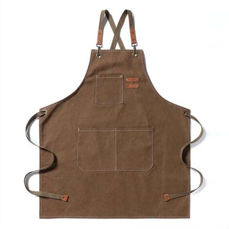 Tablier en toile, tablier de travail unisexe, tablier de chef, avec bretelles réglables et 3 poches, conception à bretelles croisées. (1/4)