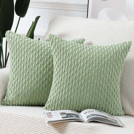 Taies d'oreiller décoratives en velours côtelé à rayures bohèmes, lot de 2, douces et moelleuses, idéales pour les canapés et les chambres, vert clair, 60 x 60 cm (1/4)