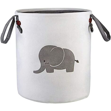 Panier de rangement rond pliable en coton, adapté aux chambres d'enfants, aux jouets, aux vêtements, aux tenues de bébé, aux paniers cadeaux (motif éléphant) (gris). (1/4)